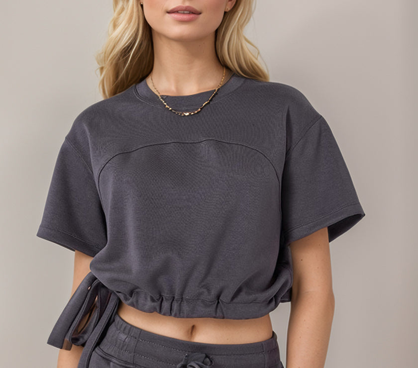 Basic Bae Drawstring Hem Air Scuba Round Neck Short Sleeve T-Shirt