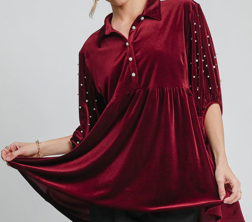 Umgee Pearl Detail Collared Neck Velvet Babydoll Blouse