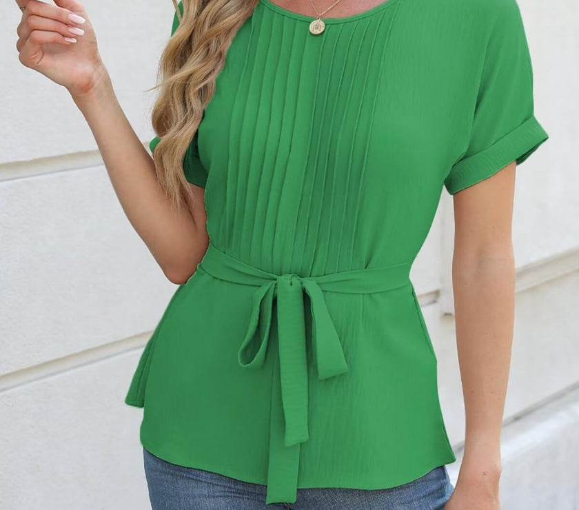 Tie Waist Round Neck Short Sleeve Blouse