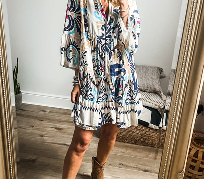 White Printed Tribal Bracelet Sleeve Buttoned Mini Dress