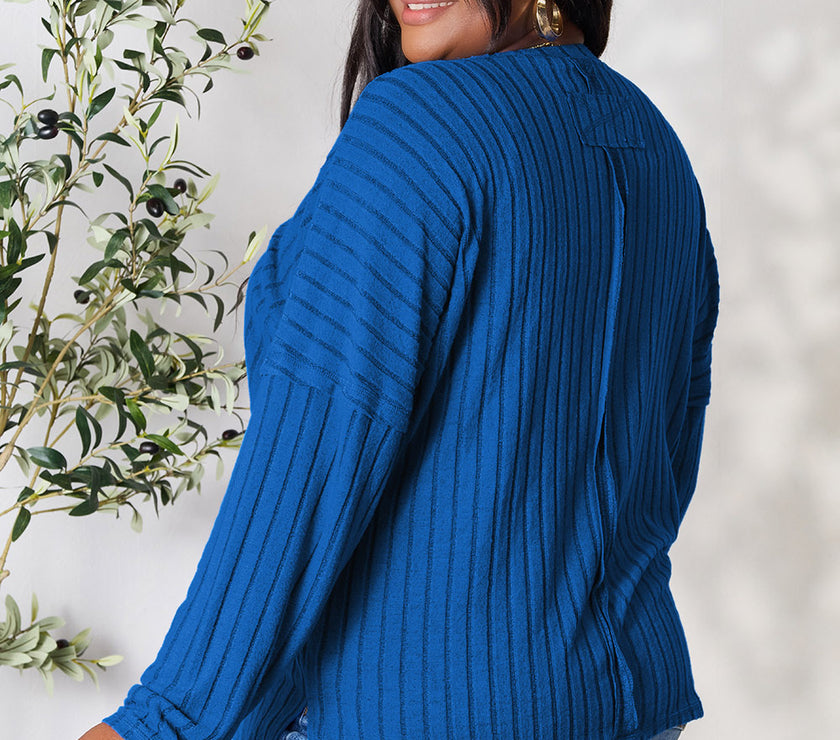 Basic Bae Full Size Ribbed Round Neck Slit Knit Top