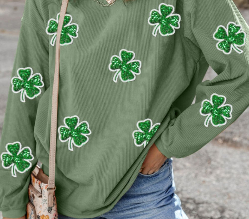 Sequin Lucky Clover Round Neck Long Sleeve Sweatshirt