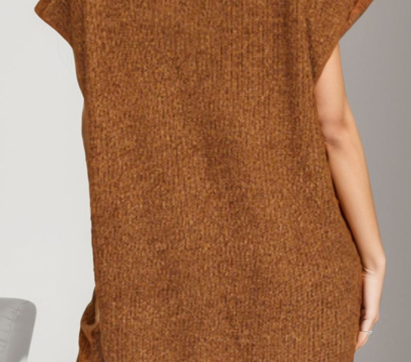 Notched Cap Sleeve Mini Sweater Dress
