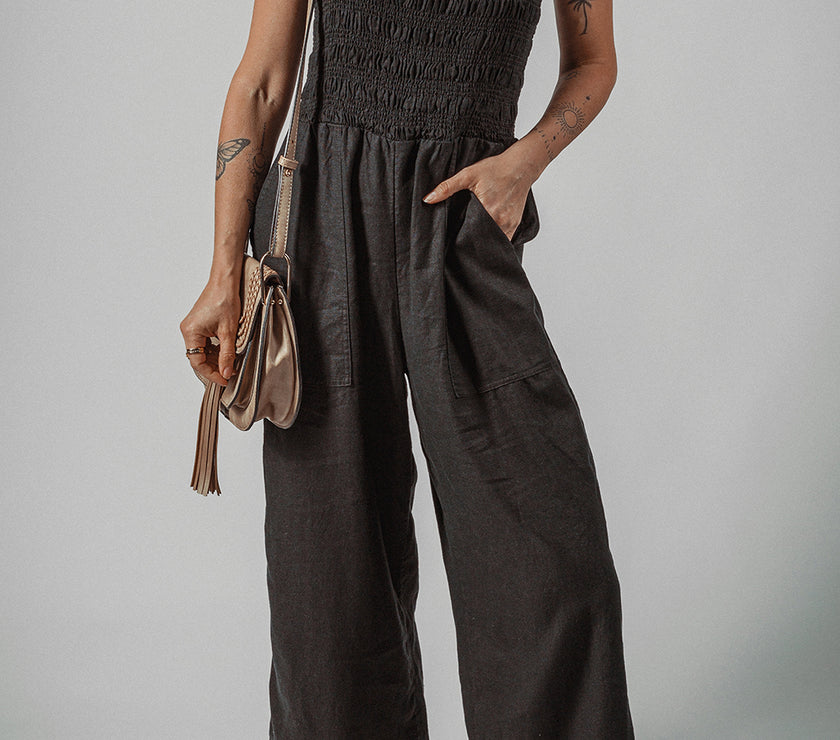 Black Spaghetti Straps Shirred Bodice Pocketed Wide Leg Jumpsuit