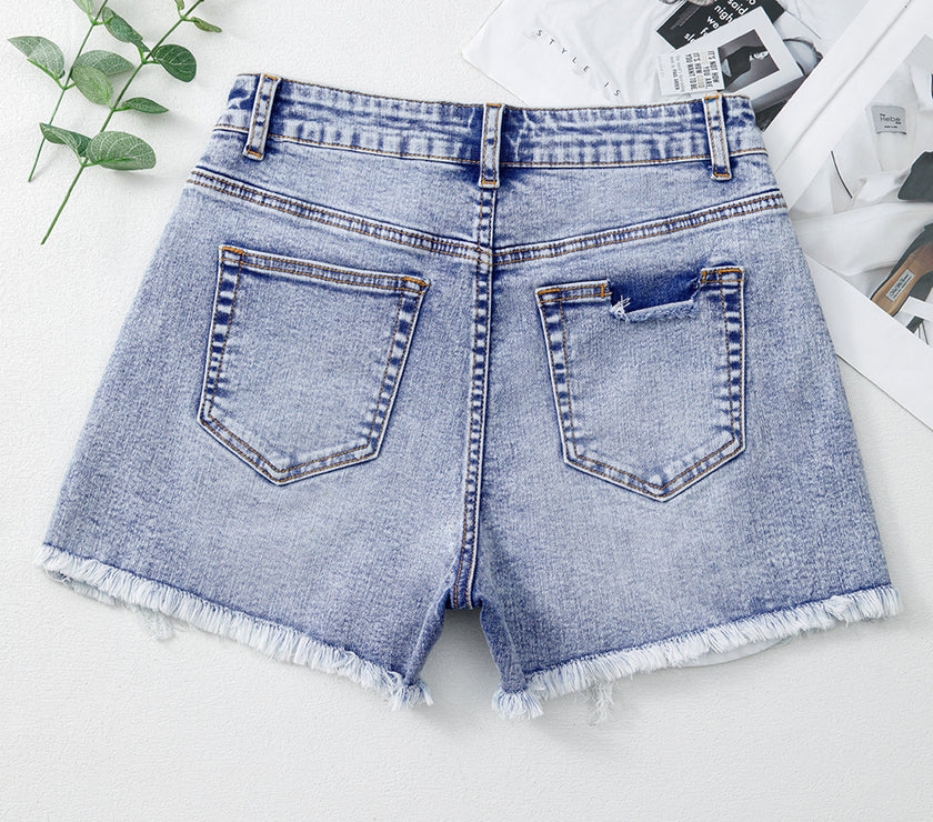Beau Blue Pearl Studded Pockets Raw Hem Denim Shorts