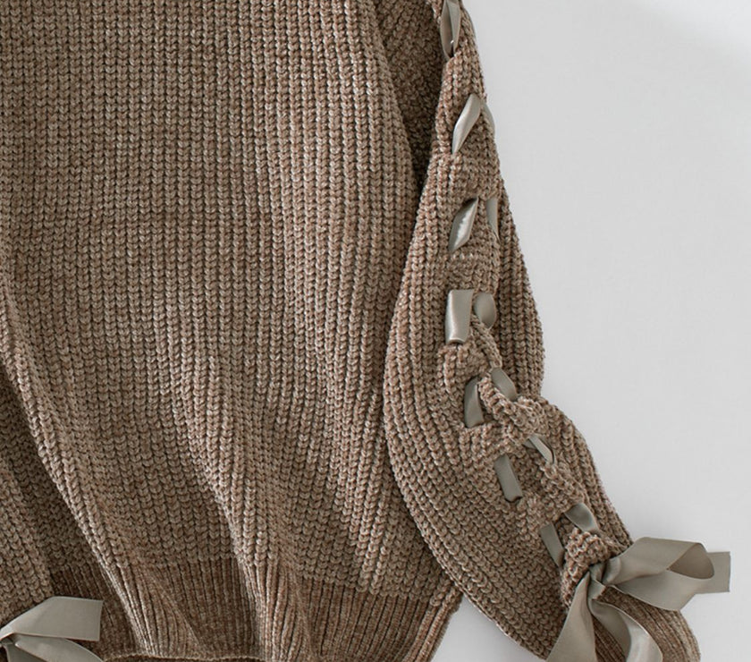 Lace Up Round Neck Long Sleeve Sweater