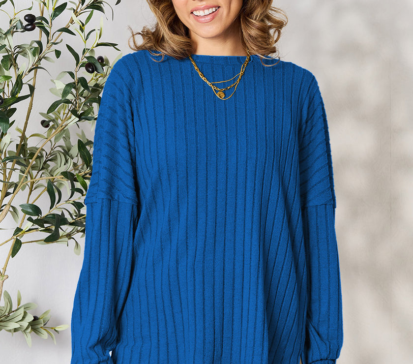 Basic Bae Full Size Ribbed Round Neck Slit Knit Top