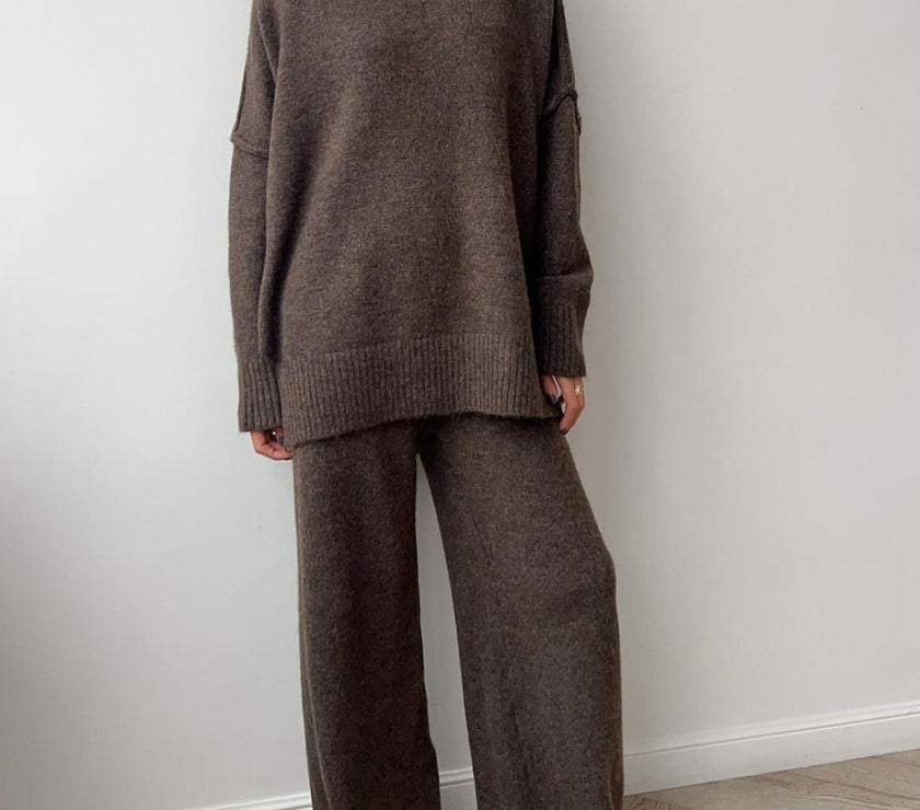 Slit Turtleneck Long Sleeve Top and Pants Sweater Set