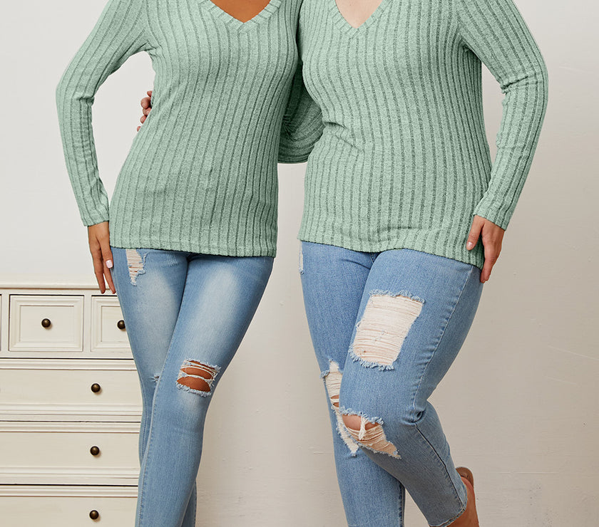 Basic Bae Full Size Ribbed V-Neck Long Sleeve T-Shirt