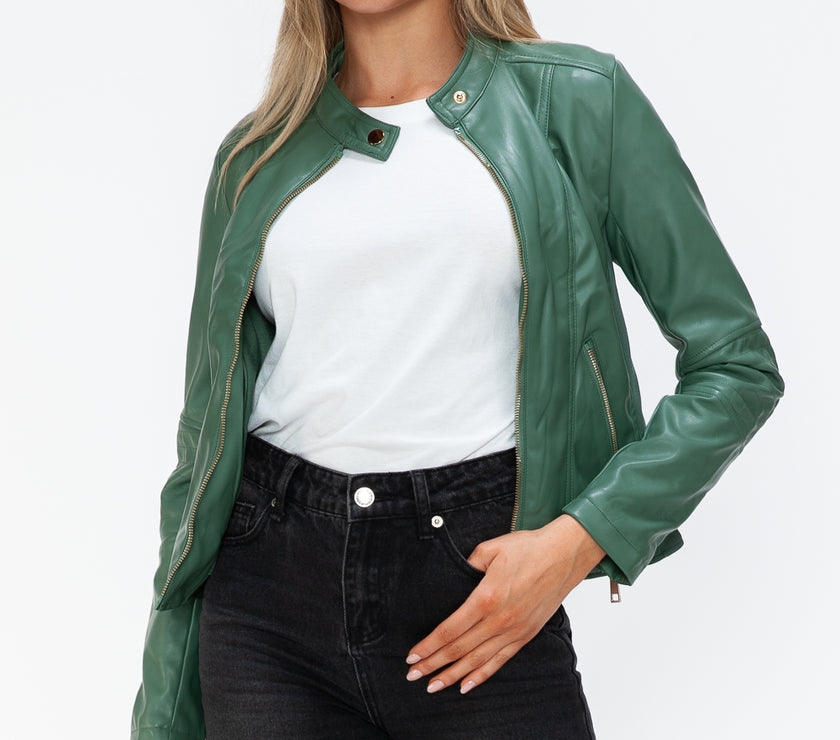 Snobbish Faux Leather Zip Up Drawstring Hooded Jacket