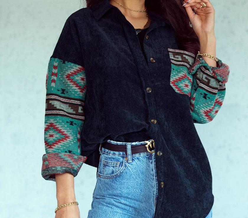 Pocketed Geometric Collared Neck Shacket