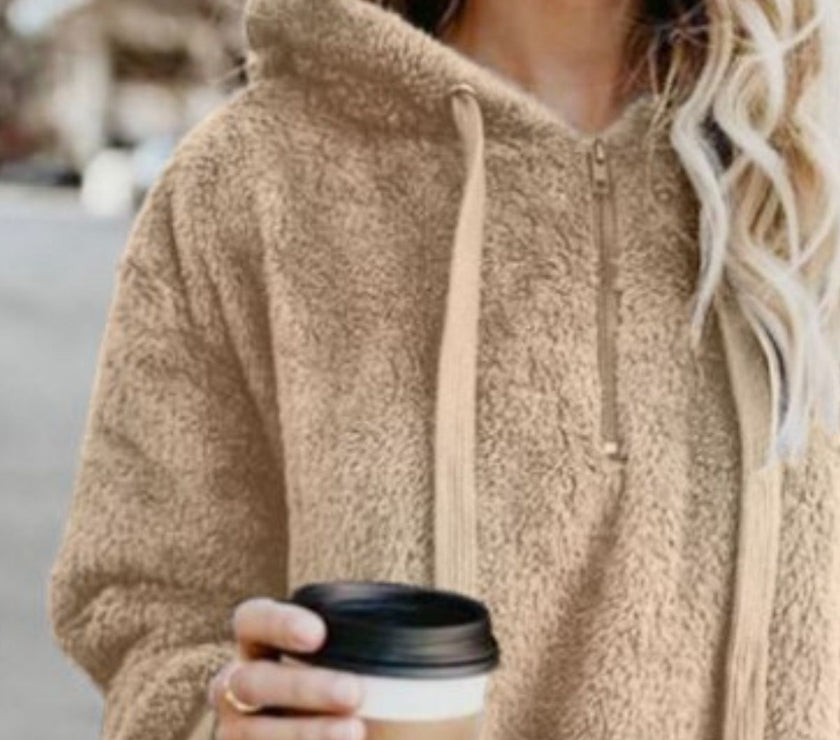 Full Size Quarter-Zip Drawstring Teddy Hoodie