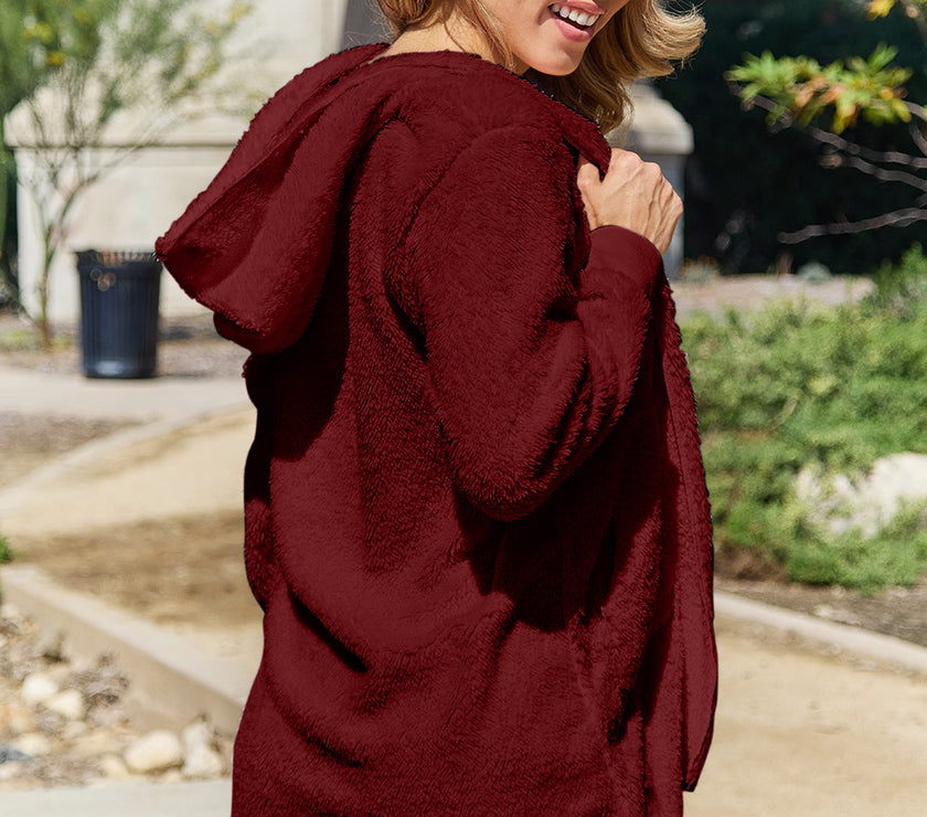 Full Size Teddy Hooded Jacket with Pockets