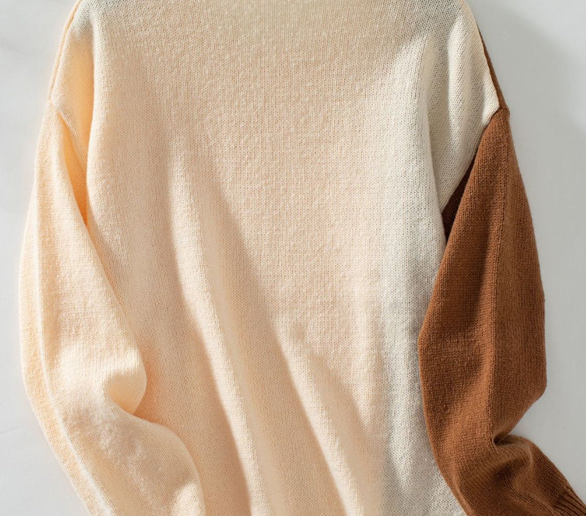 Two Tone Cable Knit Round Neck Long Sleeve Sweater