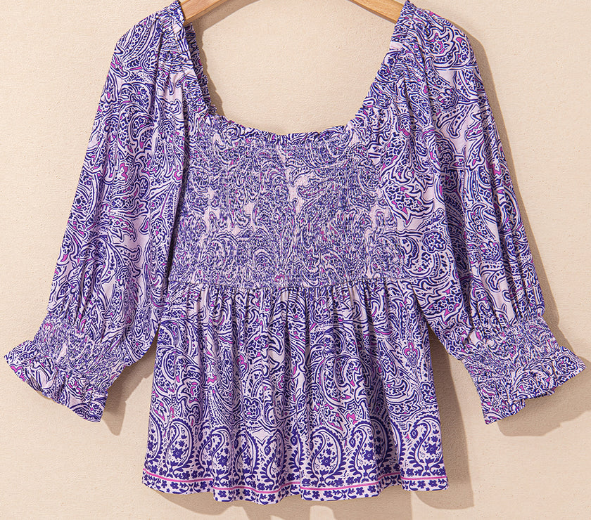 Purple Boho Paisley Print Half Sleeve Shirred Peplum Blouse