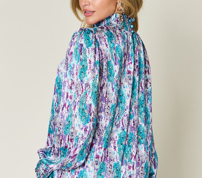 Double Take Full Size Printed Smocked Long Sleeve Blouse