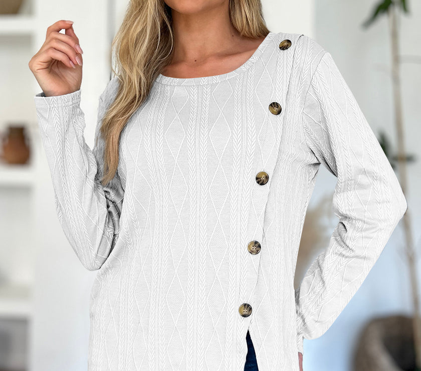 FAM-FAM Slit Round Neck Long Sleeve T-Shirt