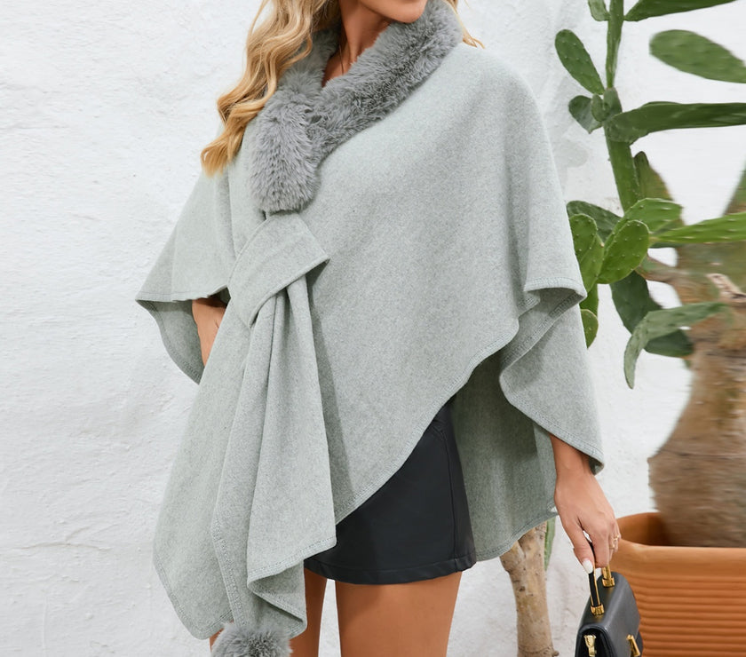 Fuzzy Trim Open Front Poncho