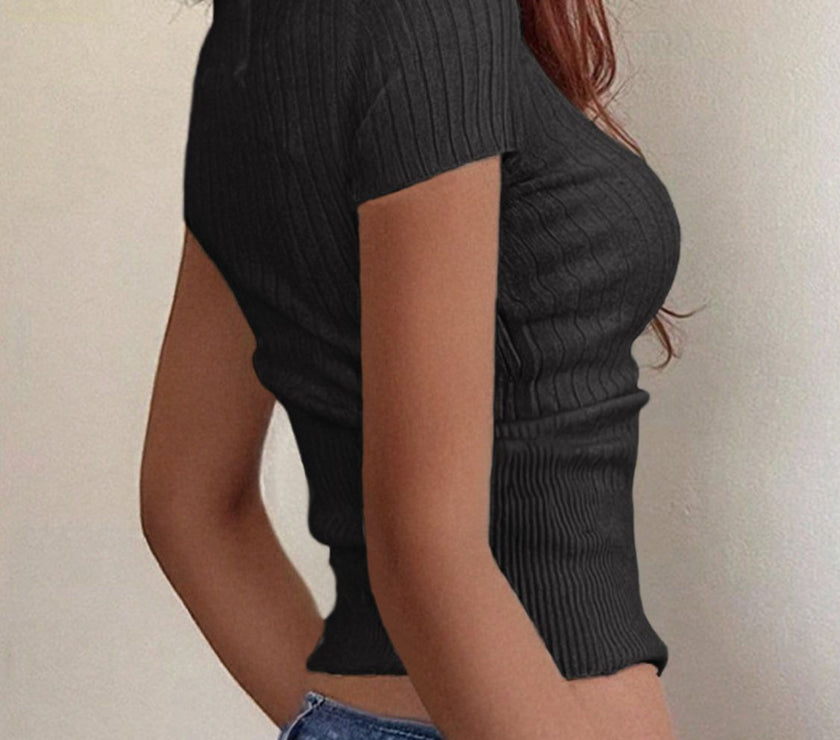 Half Button Scoop Neck Short Sleeve Knit Top