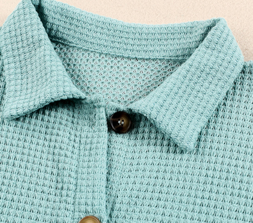Waffle-Knit Collared Neck Long Sleeve Shirt