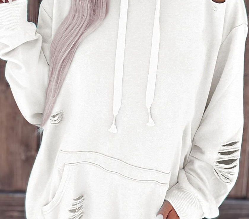 Distressed Drawstring Long Sleeve Hoodie