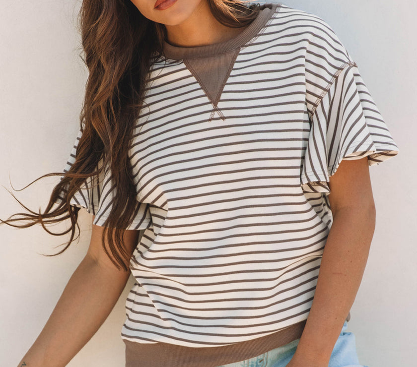 Parchment Contrast Detail Striped Ruffle Short Sleeve Top