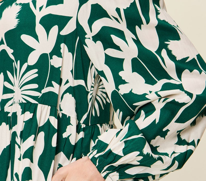 Double Take Full Size Printed Ruffle Hem Dress with Pocket