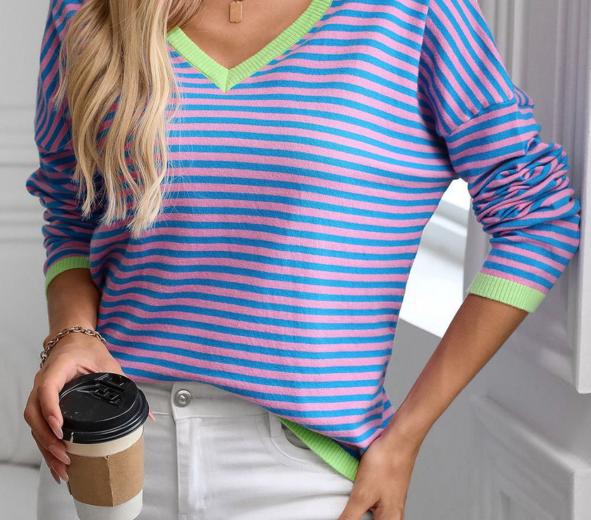 Contrast Trim Striped V-Neck Long Sleeve Knit Top