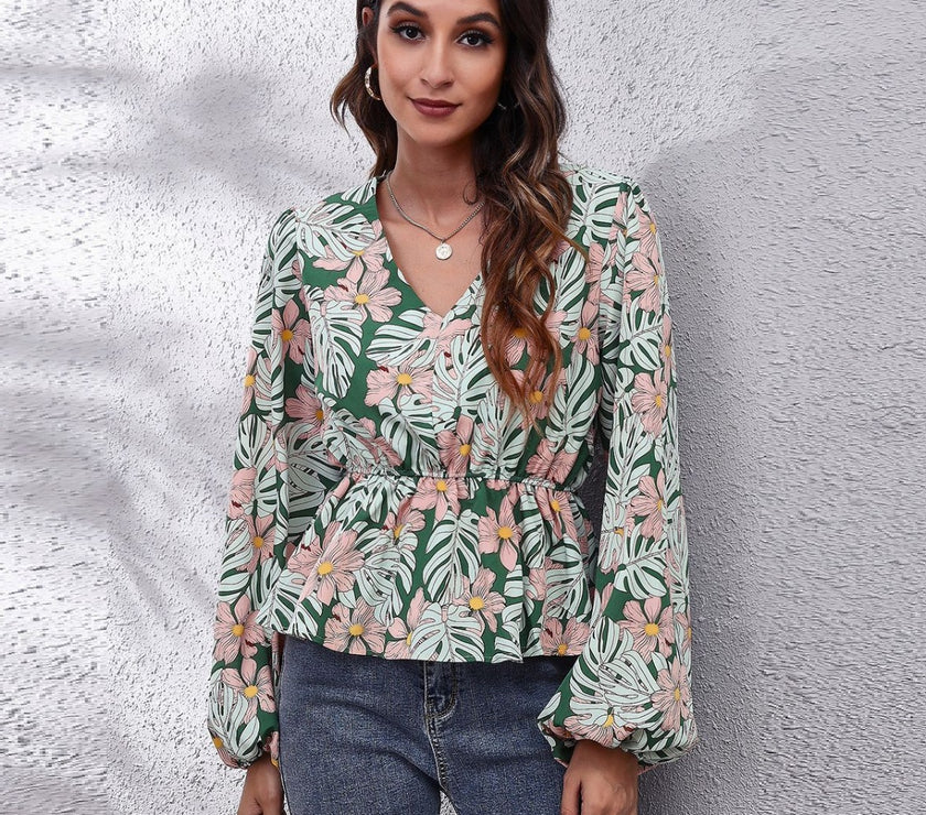 Ruched Printed V-Neck Long Sleeve Blouse