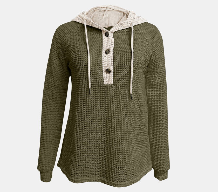 Full Size Waffle-Knit Contrast Long Sleeve Hoodie