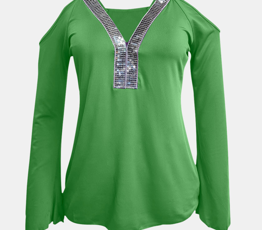 Sequin V-Neck Cold Shoulder Top