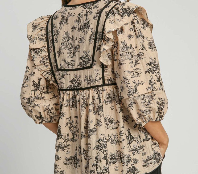 Umgee Ruffled Tie Neck Puff Sleeve Babydoll Blouse