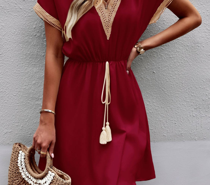 Devine Contrast Trim V-Neck Short Sleeve Mini Dress