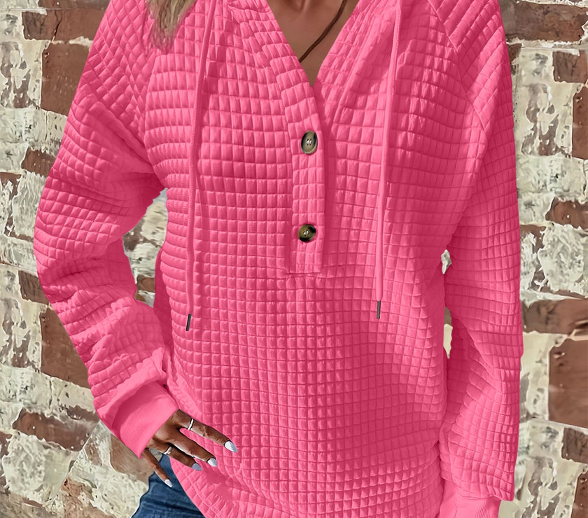 Full Size Texture Button Detail Drawstring Long Sleeve Hoodie