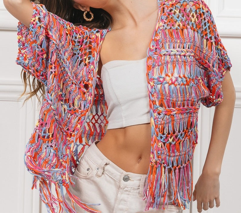 BiBi Open Front Fringed Crop Knit Cardigan