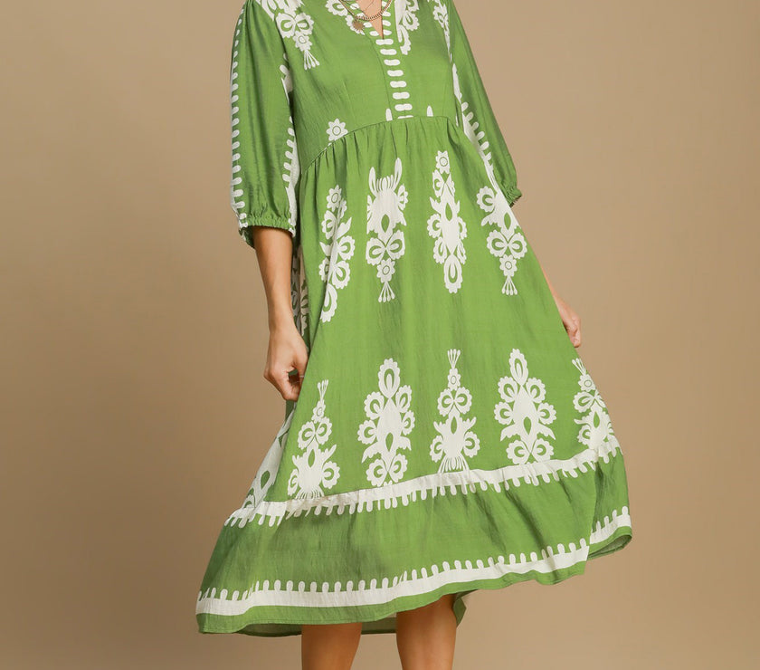 Umgee Printed Notched Midi Dress