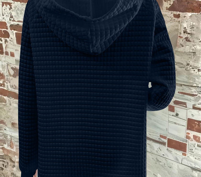 Full Size Texture Button Detail Drawstring Long Sleeve Hoodie