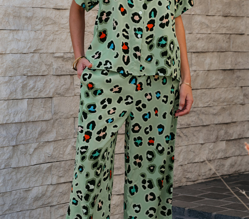 Green Leopard Print Short Sleeve Shirt and Wide Leg Pants Set