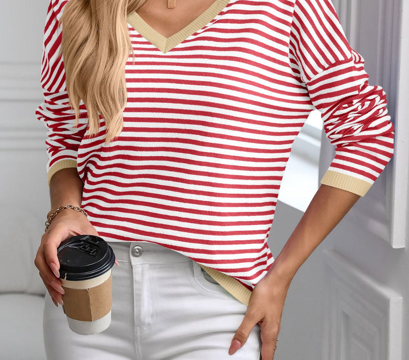Contrast Trim Striped V-Neck Long Sleeve Knit Top