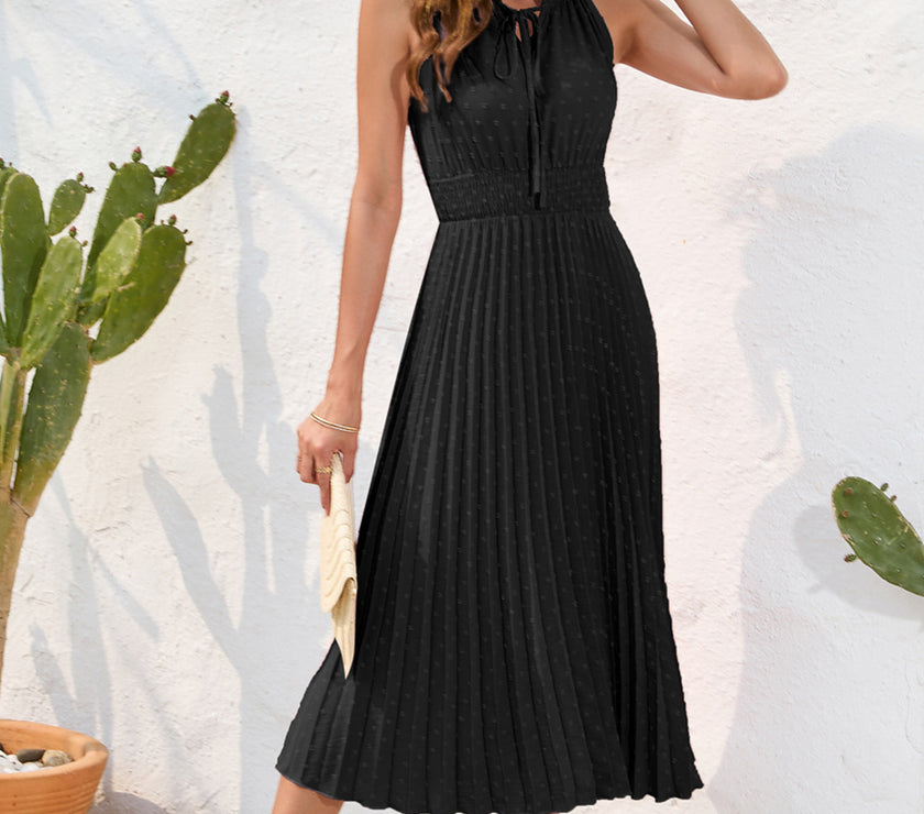 Swiss Dot Tie Neck Sleeveless Dress