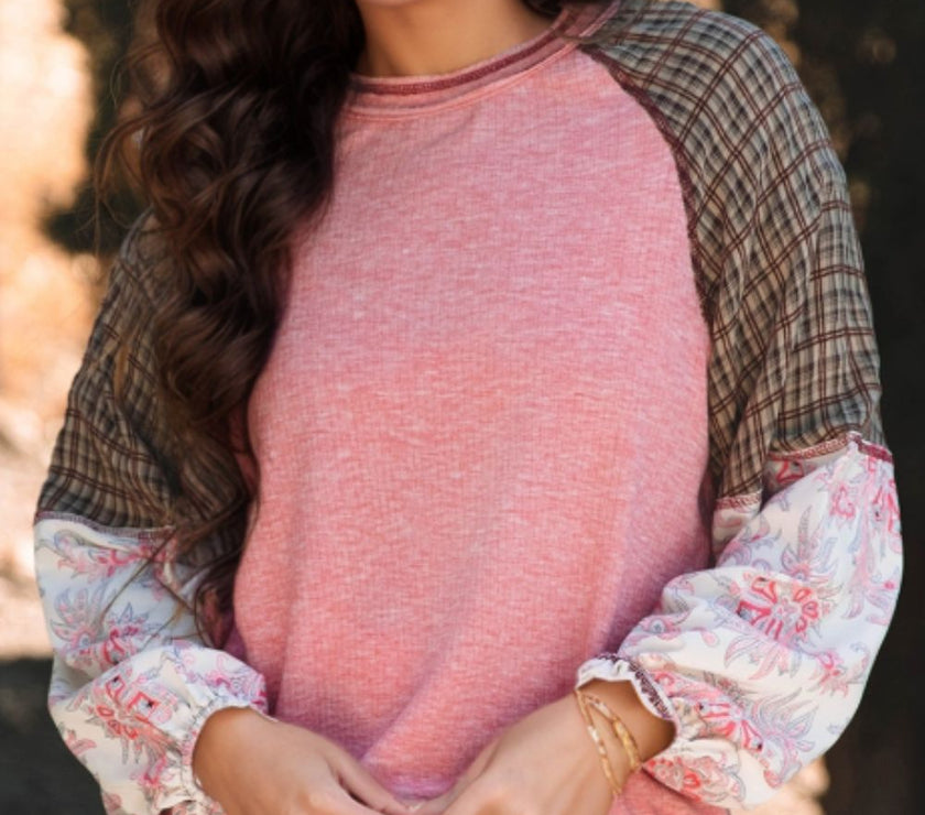 Plaid Floral Patchwork Round Neck Long Sleeve Top