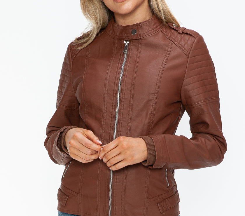 Snobbish PU Leather Biker Jacket with Side Zip Pockets