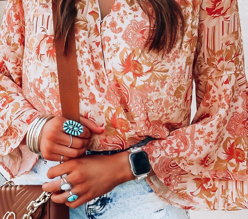 Floral Surplice Flare Sleeve Bodysuit