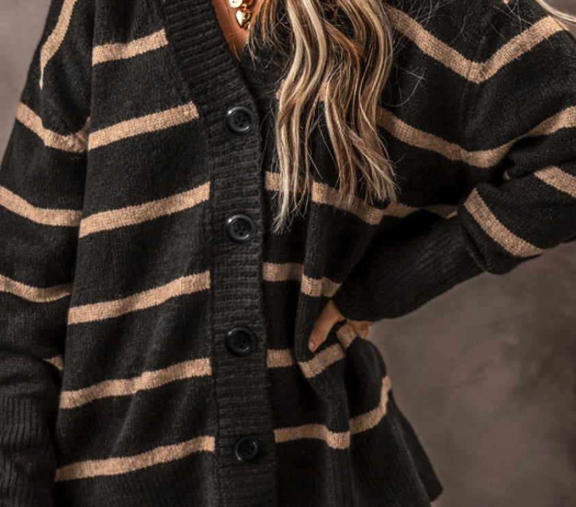 Striped Button Down Long Sleeve Cardigan