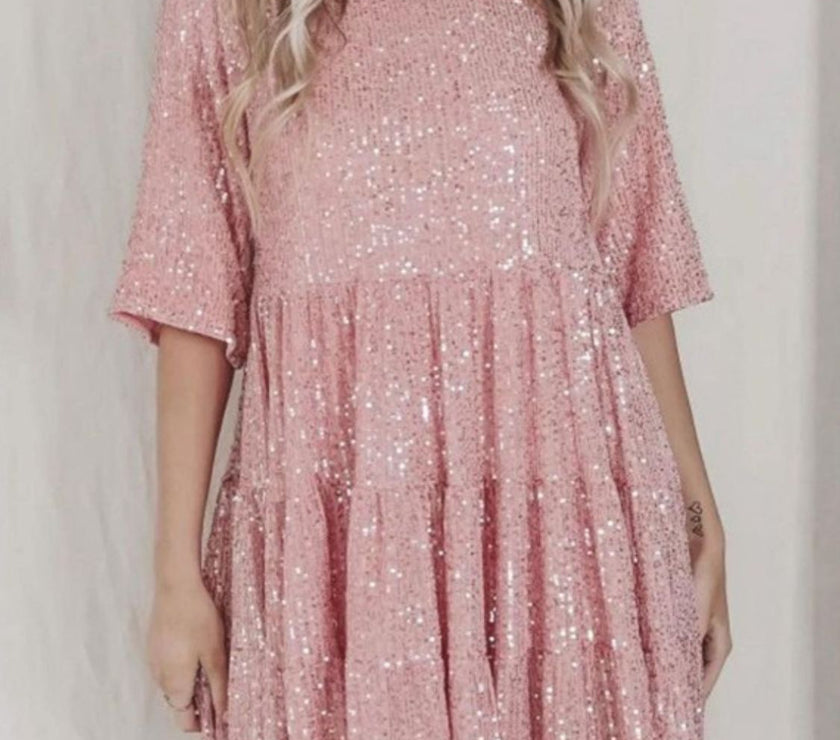 Sequin Round Neck Half Sleeve Mini Dress