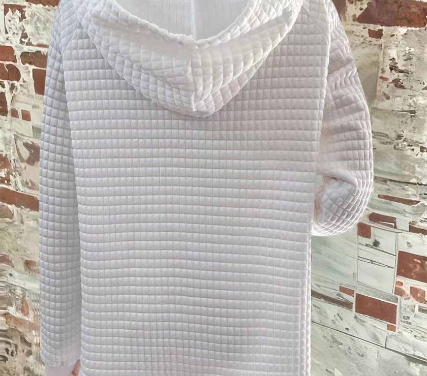 Full Size Texture Button Detail Drawstring Long Sleeve Hoodie