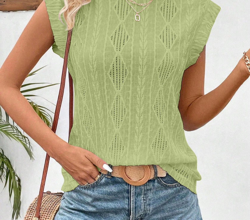 Openwork Round Neck Cap Sleeve Top