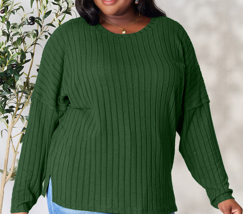 Basic Bae Full Size Ribbed Round Neck Slit Knit Top