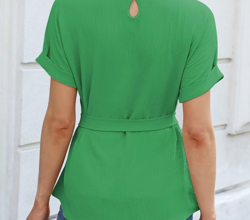 Tied Pleated Round Neck Short Sleeve Top