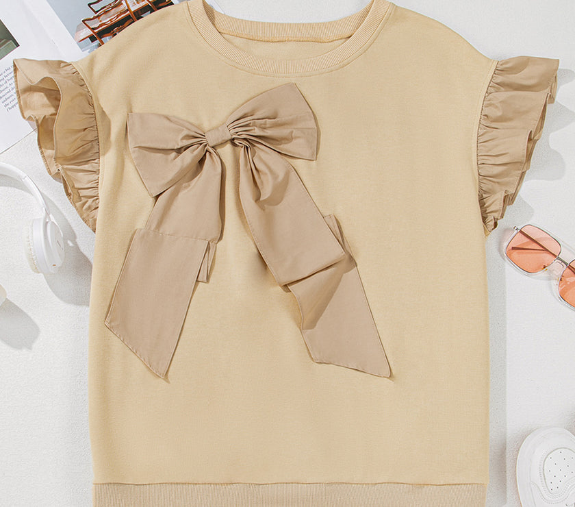 Parchment Ruffled Short Sleeve Bowknot Applique Crew Neck Plus Size Top